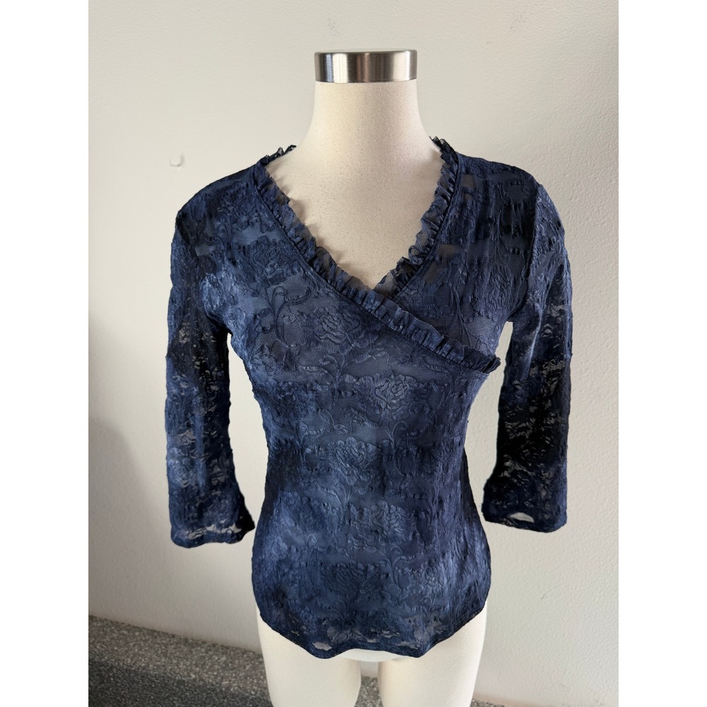 Vintage Y2K NICOLA Womens Small Blue Sheer Floral Mesh Lace Long Sleeve Top USA